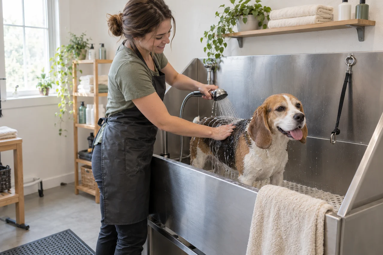 A groomer standing outside the wash basin while rinsing a beagle