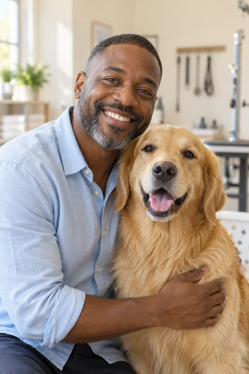 A pet carer gently hugging a cheerful golden retriever