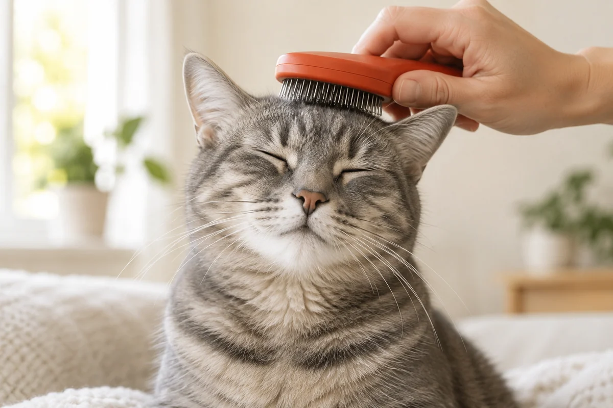A grey tabby enjoying a gentle brush around their head