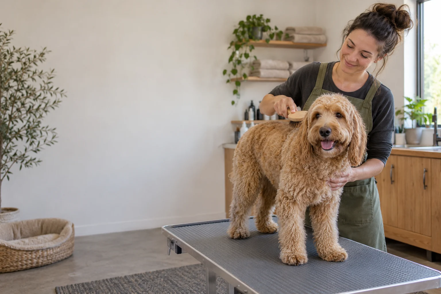 A groomer gently brushing a golden dog in a bright grooming salon
