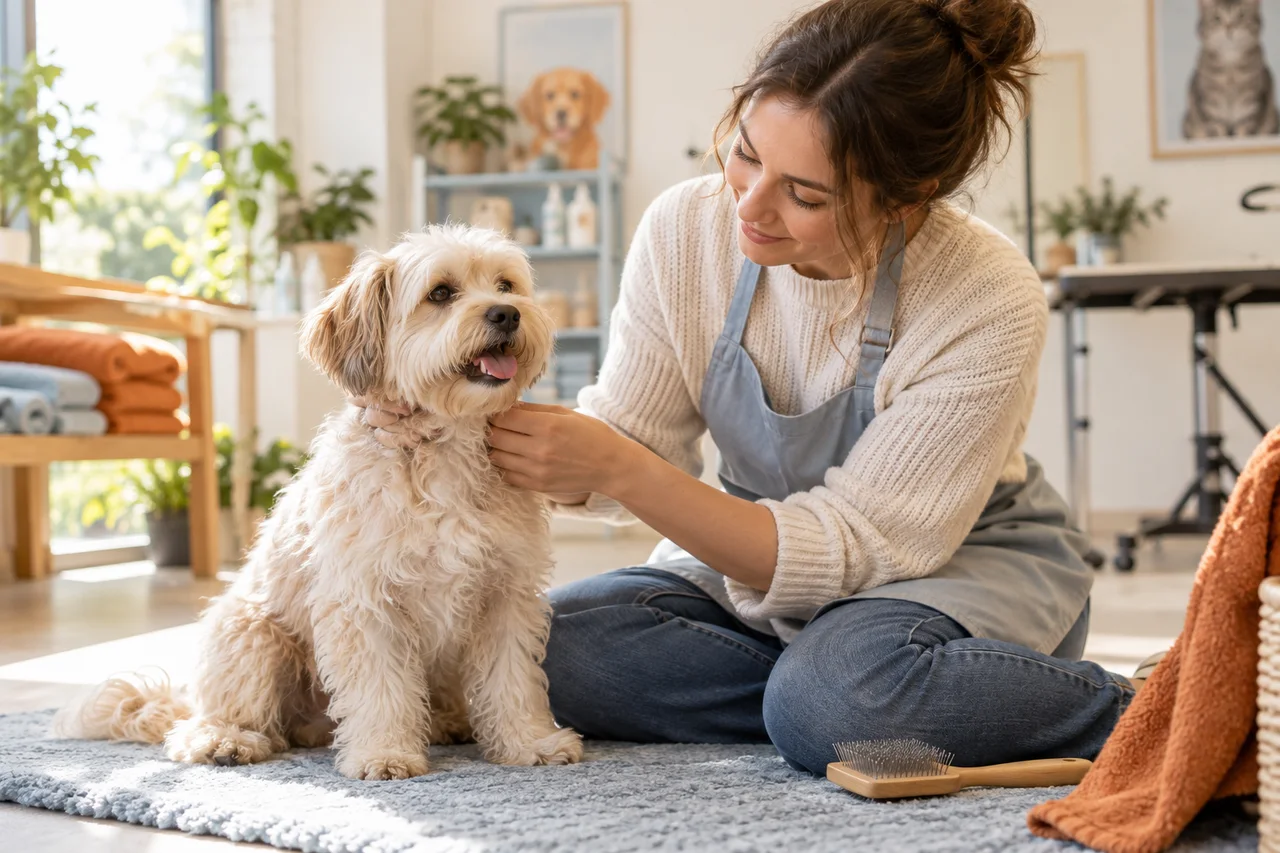 A groomer gently greeting a small cream dog