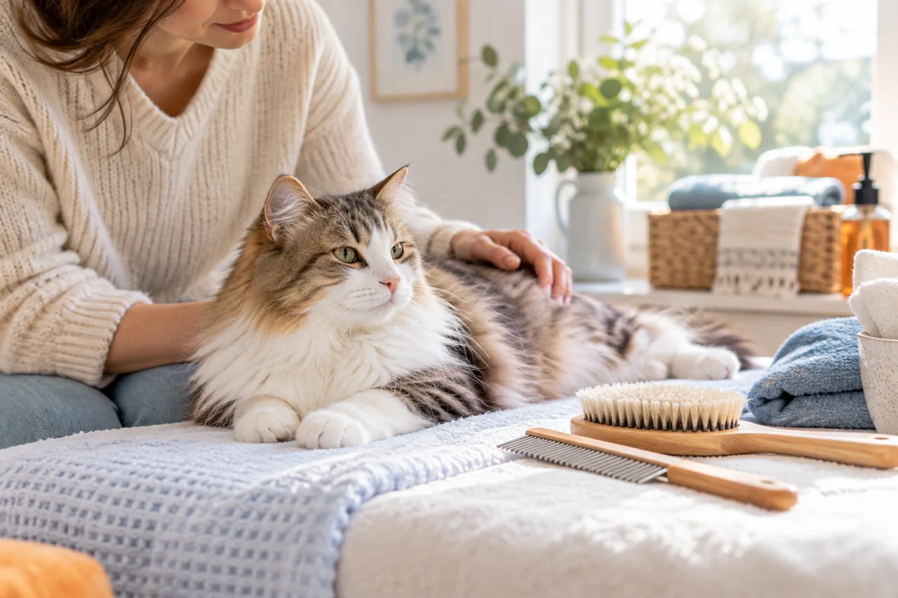 A long-haired cat resting beside coat-care brushes